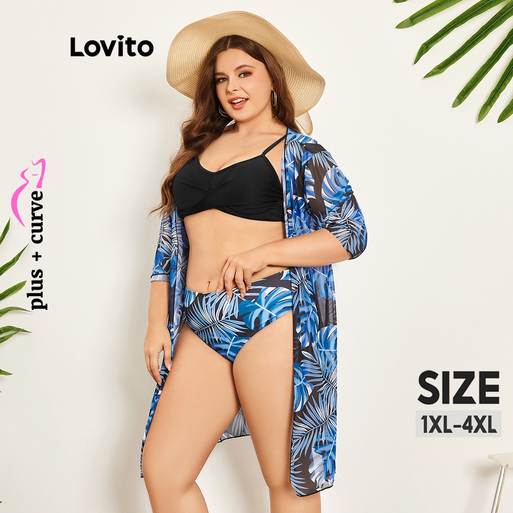 Set bikini LOVITO lưới đệm ngực tháo rời xếp nếp nhiệt đới viền cong size lớn thường ngày cho nữ LPS07070 (nhiều màu)