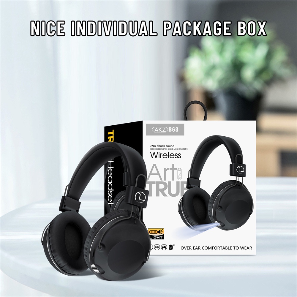 Tai Nghe Bluetooth Không Dây AKZ-B63 Âm Thanh Siêu Trầm Có Mic Và Đèn LED Pin Lớn