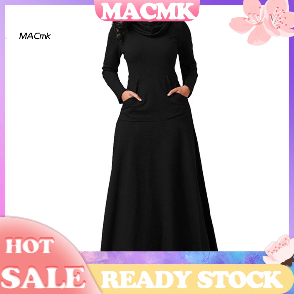 Đầm Maxi Tay Dài Cổ Bò Màu Trơn Phối Túi Có Size Lớn