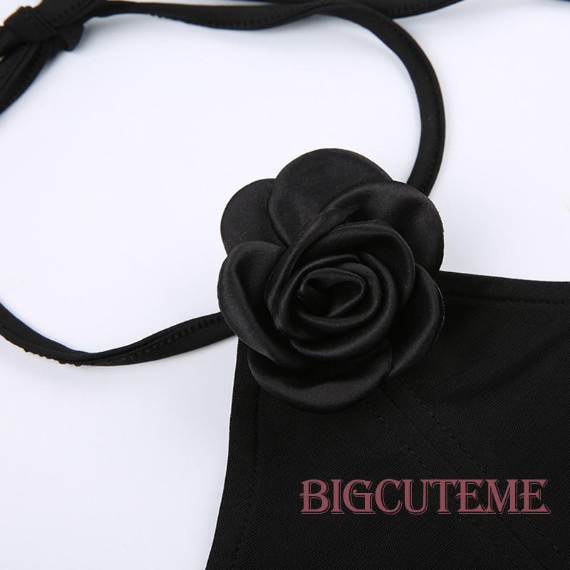 [] - Áo Tank Top Hai Dây Cột Dây Màu Trơn Họa Tiết Hoa Xương Cá Ôm Dáng Mùa Hè Cho Nữ Đen