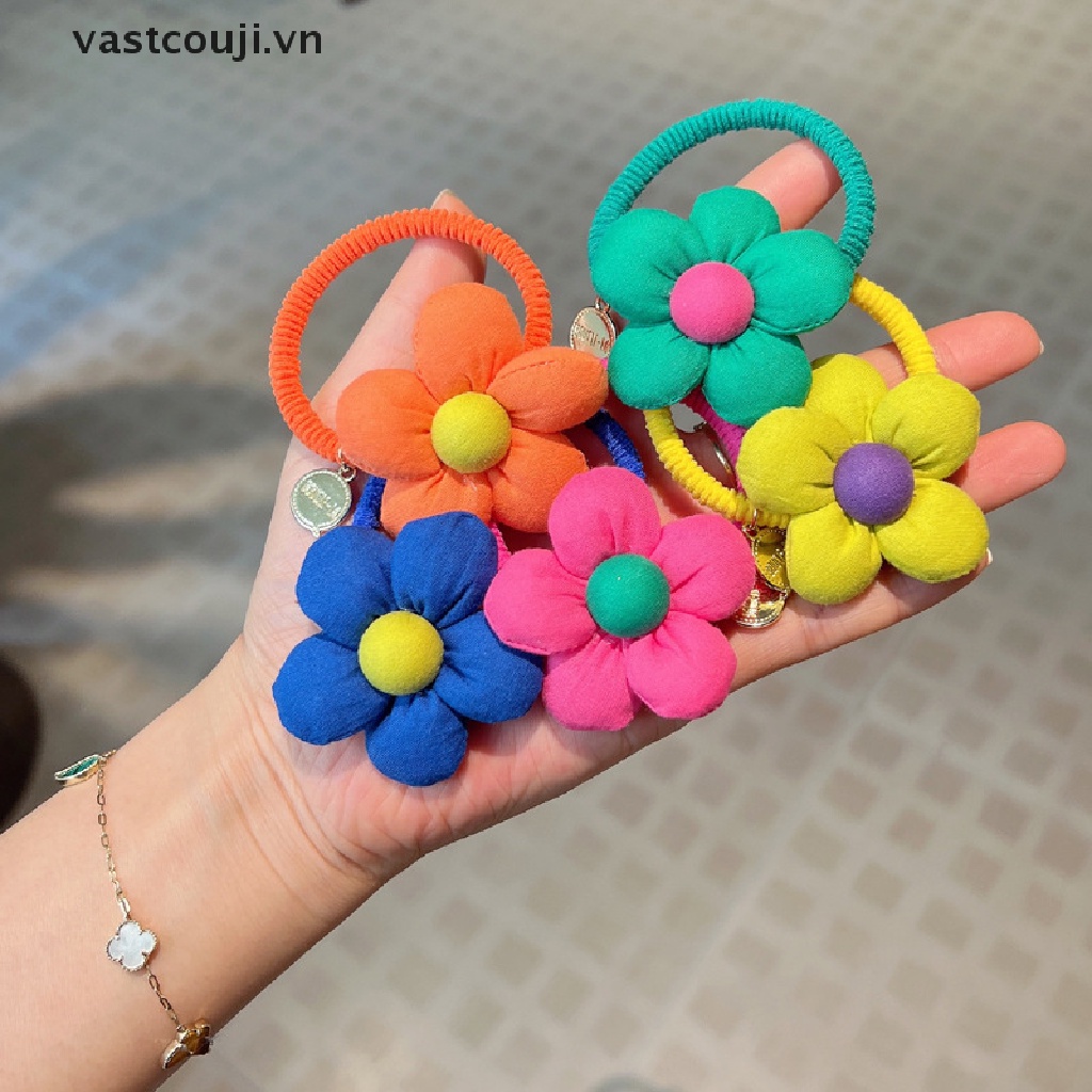 1 Dây Cột Tóc Co Giãn Màu Trơn Gắn Hoa Hoạt Hình Dễ Thương Cho Bé Gái