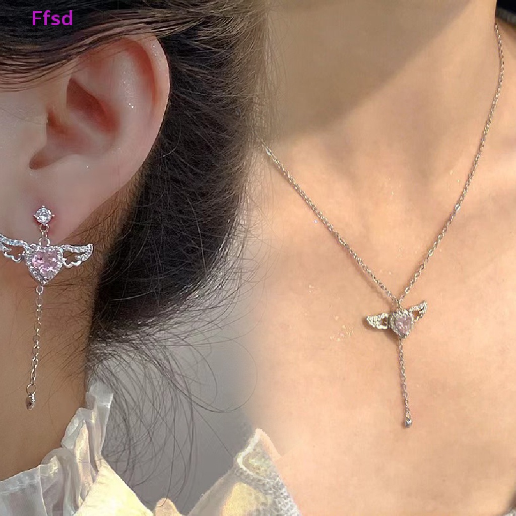 {Ffsd} Bộ Vòng cổ Và Bông Tai Vòng cổ Mặt Hình Cánh Thiên Thần Pha Lê Hồng Tối Giản Thời Trang Nữ Làm Quà Tặng Bán Chạy