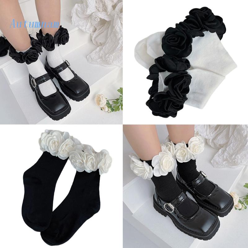 Vớ Cổ Cao Qua Mắt Cá Chân In Họa Tiết Hoa Trà 3D Phong Cách Lolita Pháp Thanh Lịch Cho Nữ