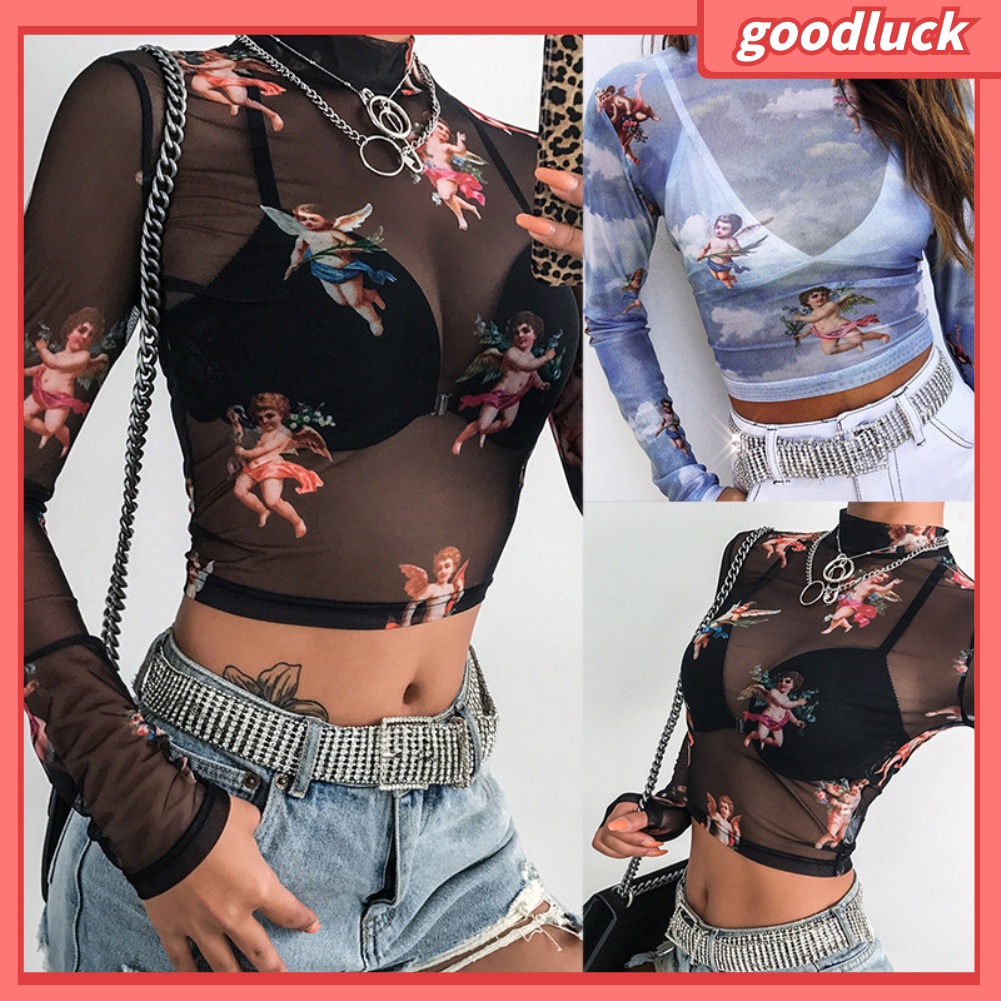 [ULK] Áo Crop Top Tay Dài Cổ Cao Xuyên Thấu Mềm Mại Quyến Rũ Cho Nữ