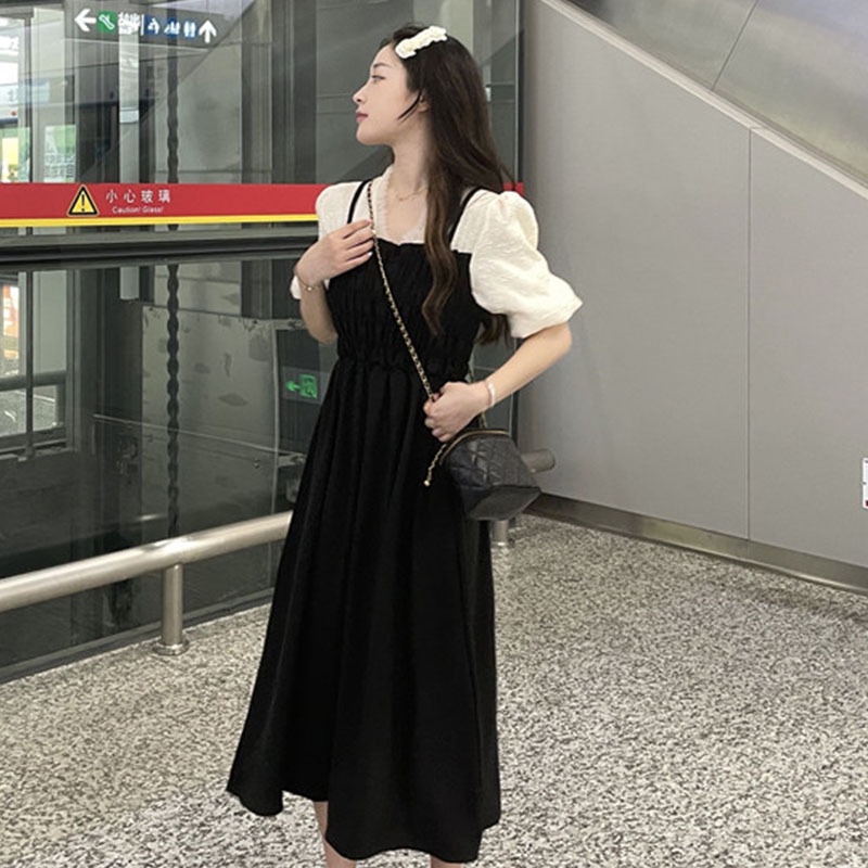 IELGY   Đầm Midi Giả Hai Lớp Cổ Chữ v Thời Trang Cho Nữ