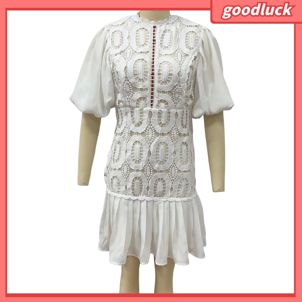 [ULK] Đầm Mini Tay Lỡ Viền Bèo Nhún Màu Trơn Thêu Ren Màu Trơn Họa Tiết Đường Phố