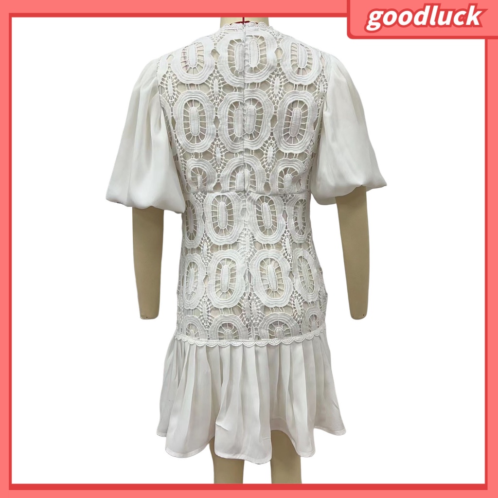 [ULK] Đầm Mini Tay Lỡ Viền Bèo Nhún Màu Trơn Thêu Ren Màu Trơn Họa Tiết Đường Phố