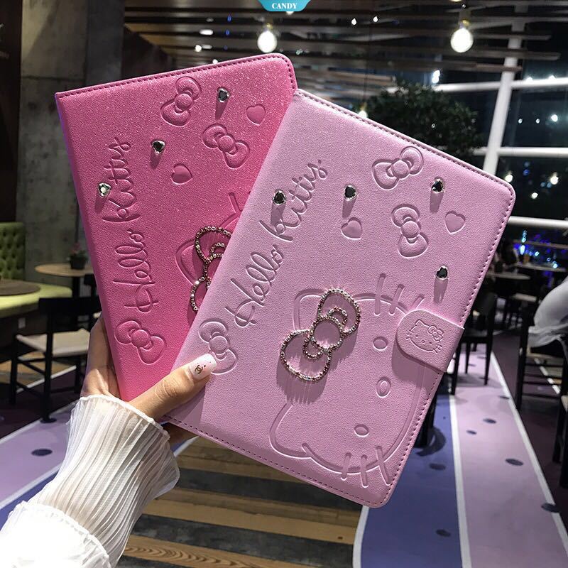 Bao Da Máy Tính Bảng PU In Hình Sanrio Hello Kitty Đính Đá Cho Ipad 2017 2018 9.7 Air2 2019 10.2 Mini 1 2 3 4 5