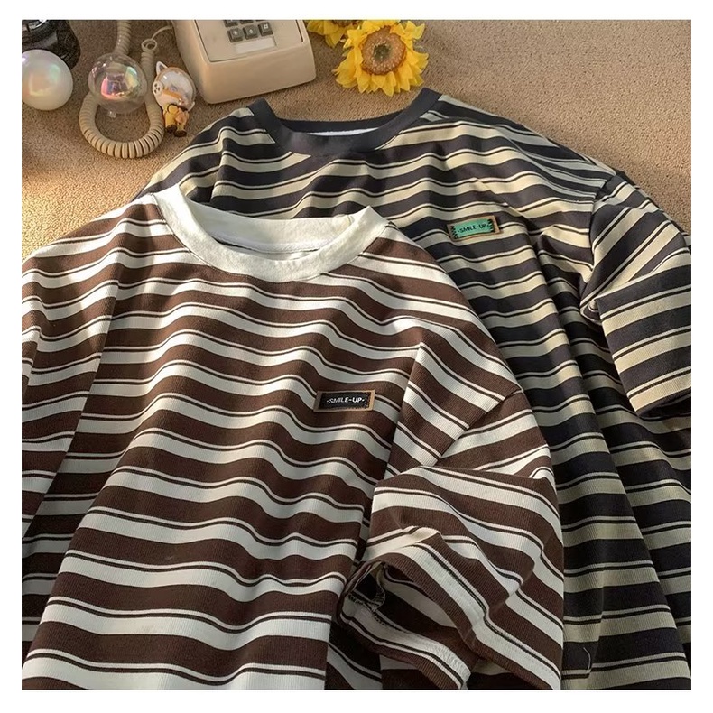 Áo Thun Ngắn Tay Cổ Tròn Họa Tiết Kẻ Sọc Thời Trang Mùa Hè Mới Cho Nam