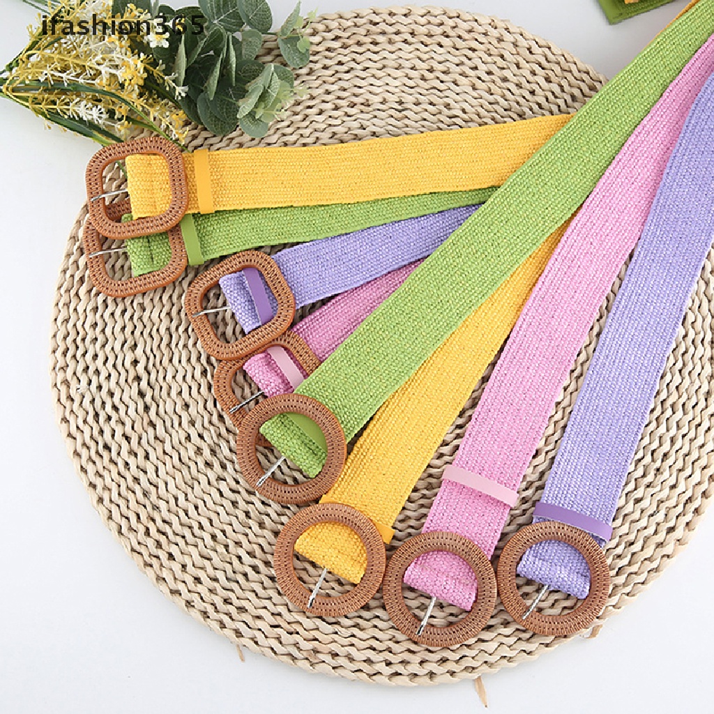 Thắt Lưng Bện Sợi Rơm Bản Rộng Co Giãn Có Khóa Vuông Phong Cách Bohemia Thời Trang ifashion365 Cho Nữ