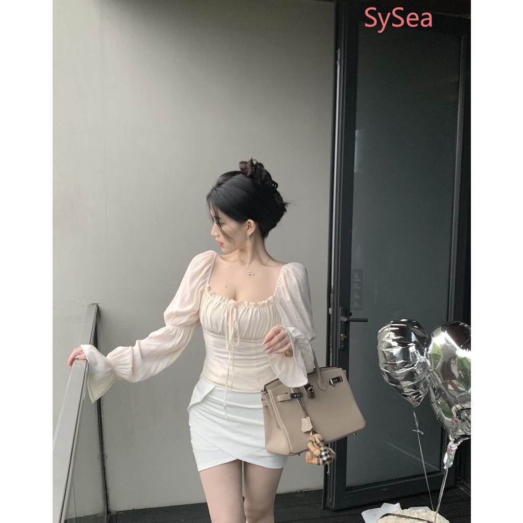 Áo Kiểu Tay Phồng Cổ Vuông Phong Cách Pháp Thanh Lịch Cho Nữ