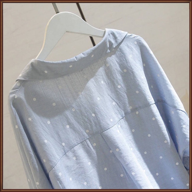 Áo Sơ Mi Cotton Chữ A Tay Lửng Cổ Chữ V Họa Tiết Chấm Bi Thời Trang Xuân Thu Cho Nữ