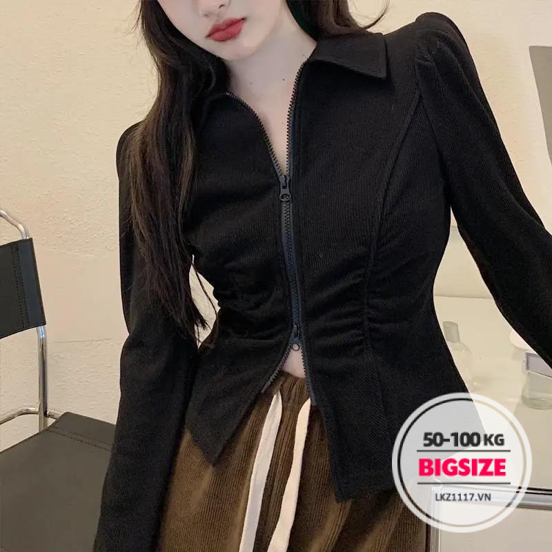 Áo thun polo Bigsize Áo kiểu nữ form rộng tay dài có cổ thiết kế khoá kéo đen mùa thu Phong cách Hàn Quốc Thời Trang đẹp