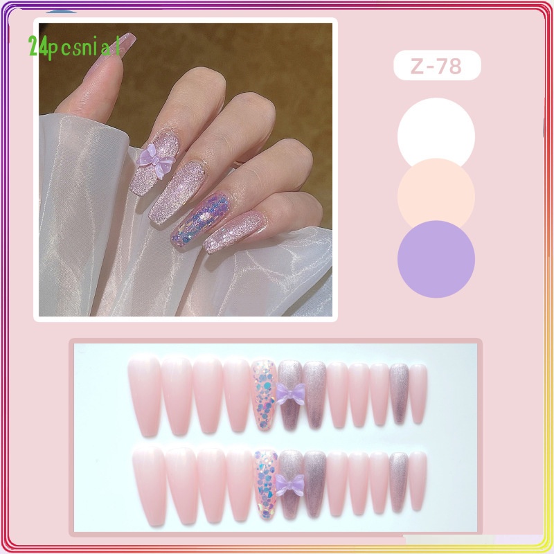 Z-78 Miếng Dán Móng Tay Giả Kim Sa Hình Bướm Màu Tím Pha Lê Handmade/Móng Tay Giả 3d / Móng Tay Giả Kèm Keo Móng Dài/ nơ kèm keo dán dễ thương xinh xắn