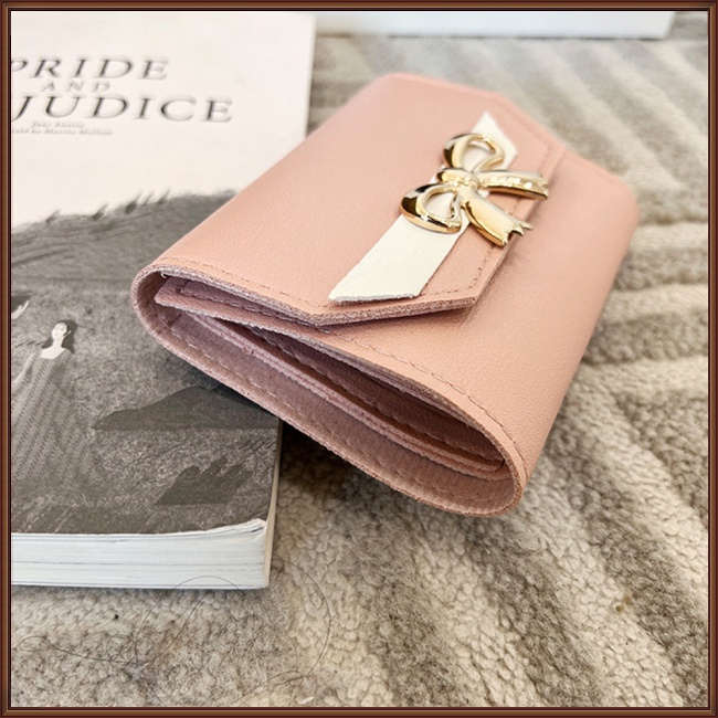 Ví Da Pu Đựng Thẻ / Tiền Xu Phối Màu Tương Phản Đính Nơ Xinh Xắn Cho Nữ