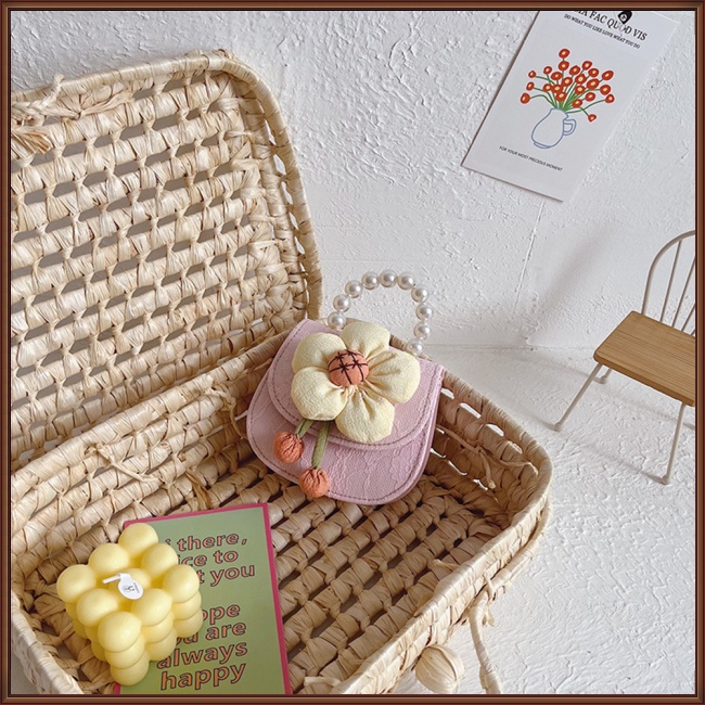 Túi Xách Da Pu Đeo Chéo Phối Ren Hoa Đính Ngọc Trai Thời Trang Cho Bé Gái