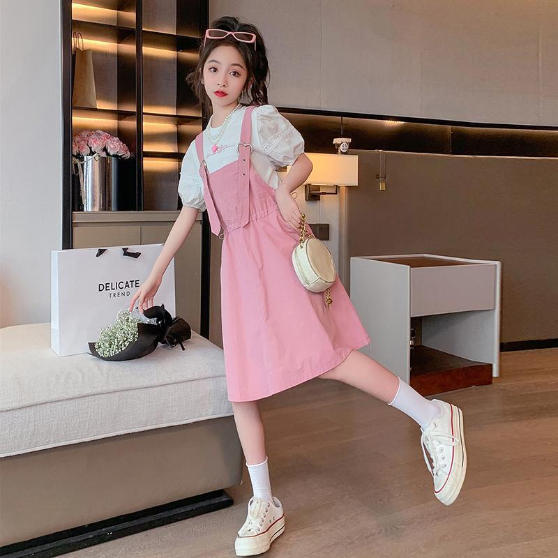 Bộ Áo Thun Tay Ngắn Và Váy Yếm Màu Hồng Thời Trang Mùa Hè Mới 2023 Dành Cho Bé Gái