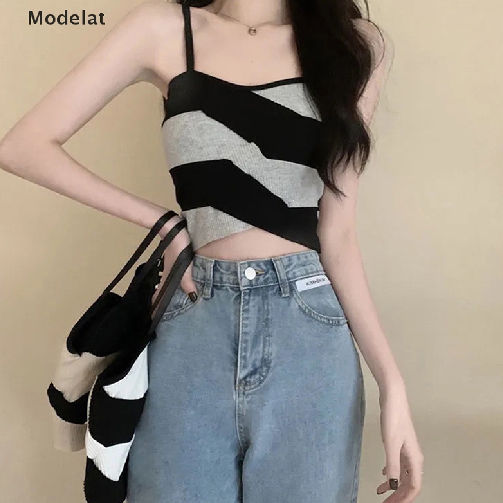 Áo Croptop Dệt Kim Không Tay Dáng Ôm Họa Tiết Kẻ Sọc Màu Sắc Thời Trang Mùa Hè Quyến Rũ Cho Nữ