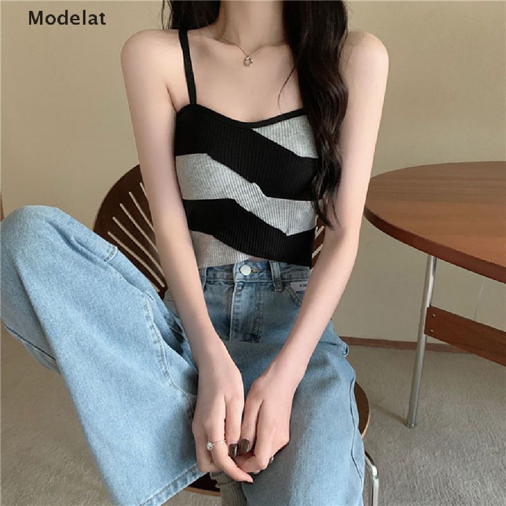 Áo Croptop Dệt Kim Không Tay Dáng Ôm Họa Tiết Kẻ Sọc Màu Sắc Thời Trang Mùa Hè Quyến Rũ Cho Nữ