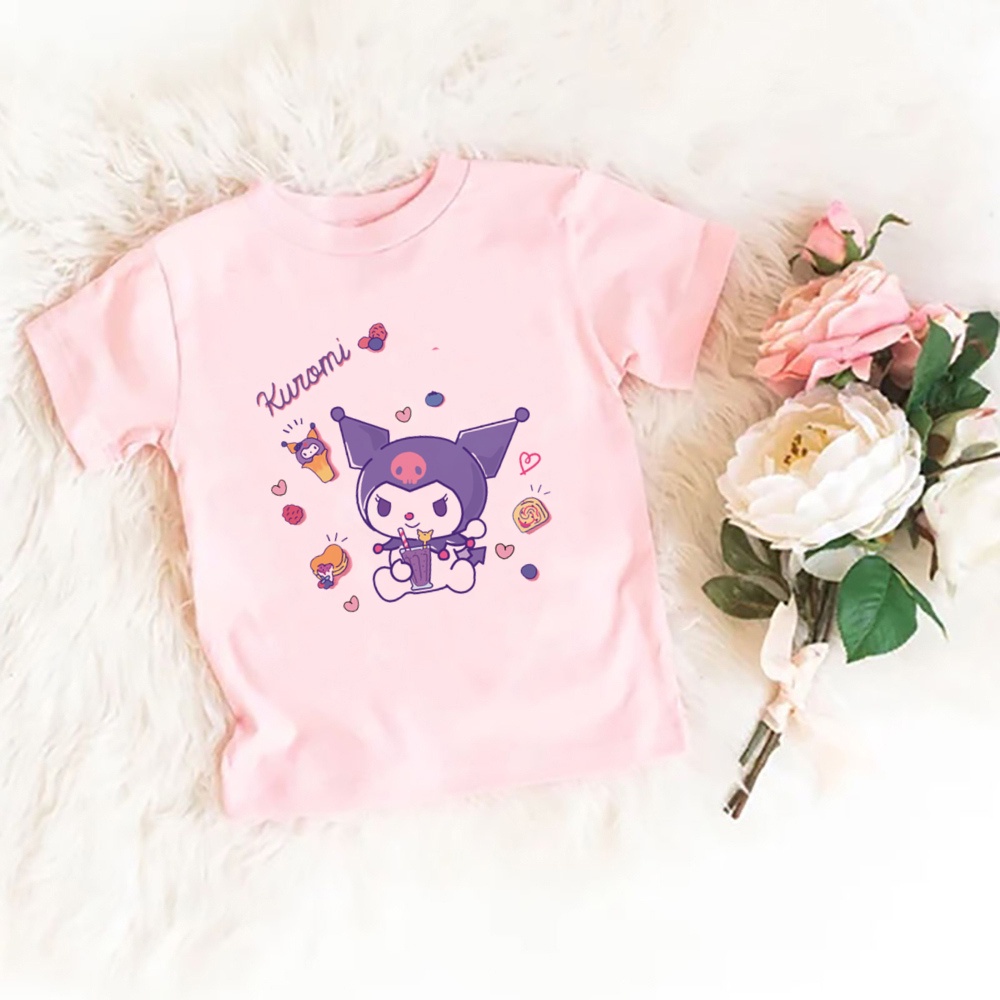 Dễ Thương Kuromi Giai Điệu Bé Gái Áo Thun Tay Ngắn Hoạt Hình Mùa Hè Mới Hoạt Hình Ngọt Ngào Thường Ngày Quần Áo Trẻ Em