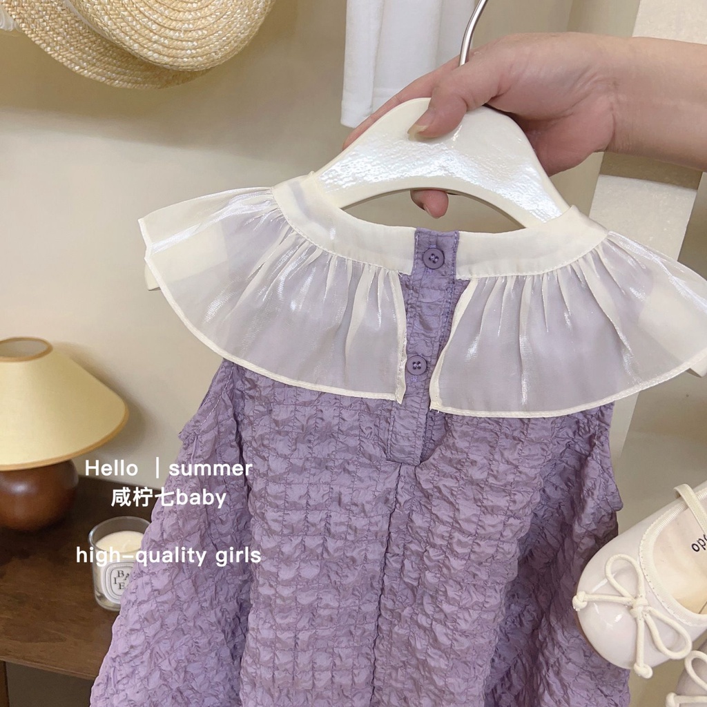 Đầm Công Chúa Màu Tím Cổ Búp Bê Phong Cách Phương Tây Thời Trang Mùa Hè Cho Bé Gái