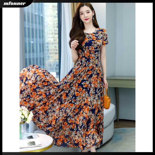 Đầm Dài Tay Ngắn Cổ Tròn In Hoa Phong Cách Boho Plus Size Cho Nữ