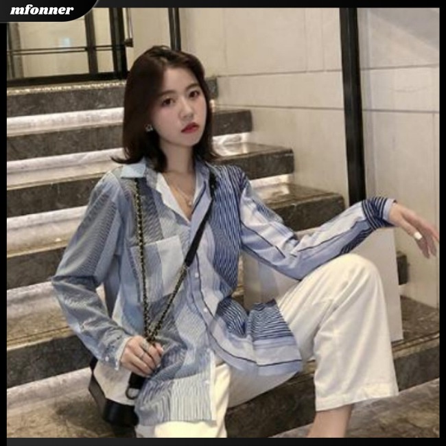 Áo Sơ Mi Nữ Tay Dài Dáng Rộng Họa Tiết Kẻ Sọc Thời Trang
