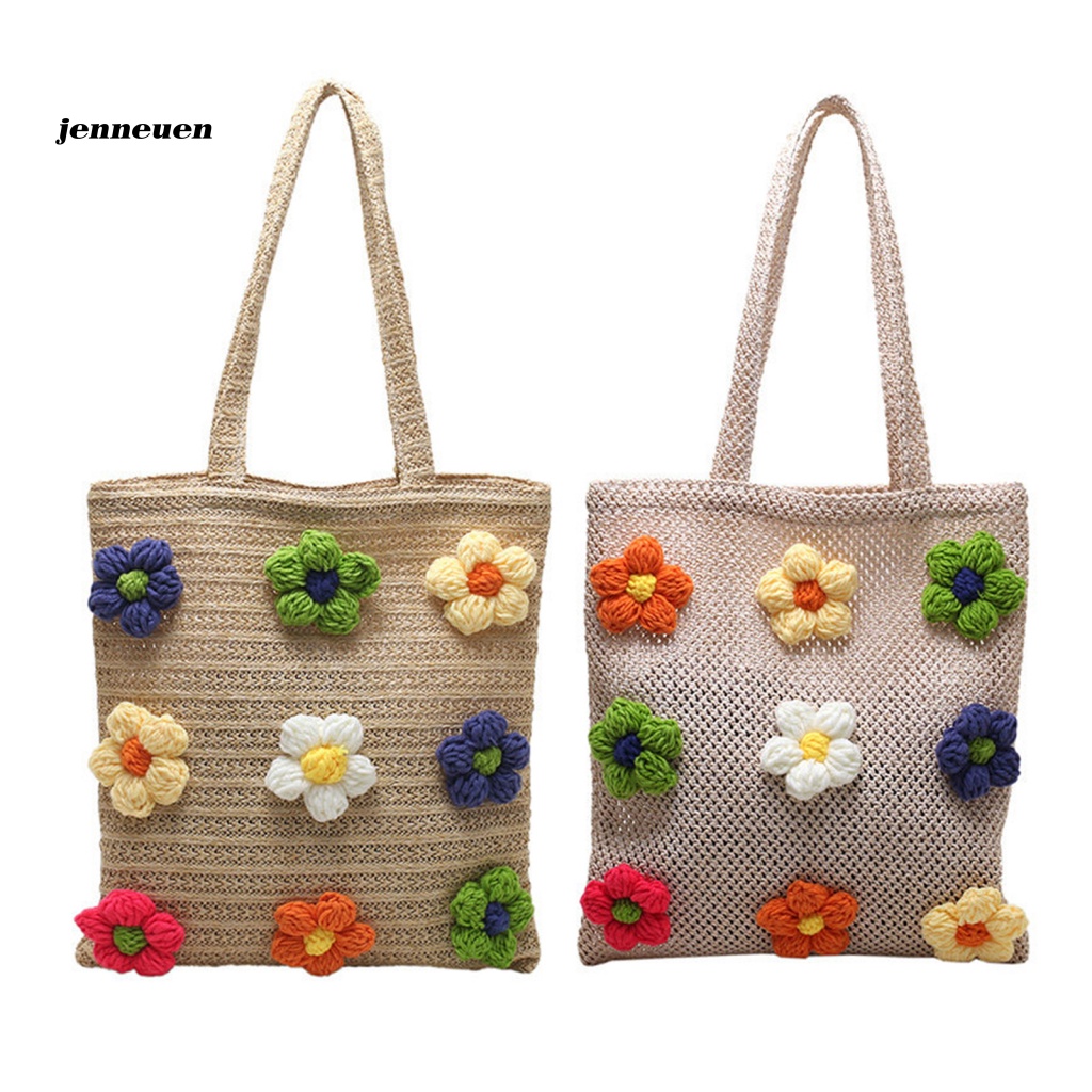 Túi Xách Đeo Vai Đan Len Bằng Tay Sức Chứa Lớn Hình Hoa Nhiều Màu Sắc Cho Nữ