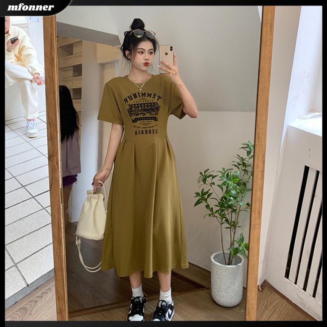 Đầm Thể Thao Tay Ngắn Cổ Tròn Dáng Rộng In Chữ Thời Trang Mùa Hè Cho Nữ