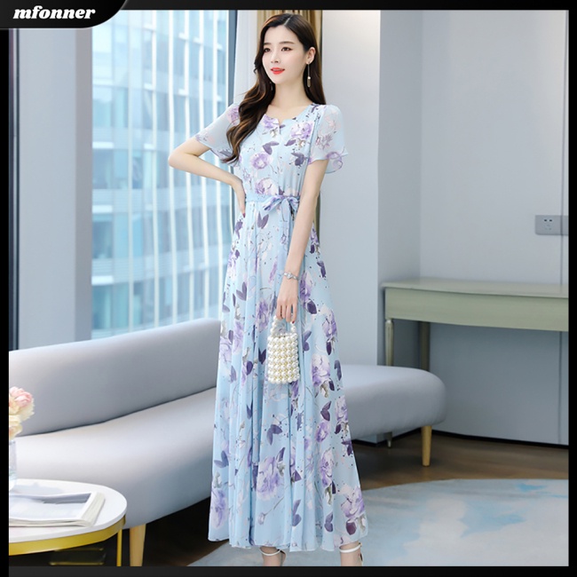 Đầm Tay Ngắn Cổ Tròn In Hoa Thời Trang Mùa Hè Xinh Xắn Cho Nữ