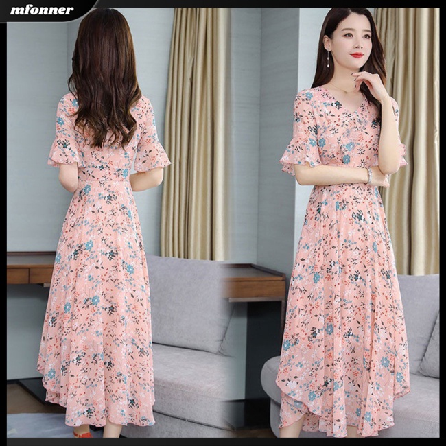 Đầm Dài Qua Gối Tay Ngắn Cổ Chữ V Họa Tiết Hoa Thời Trang Cho Nữ