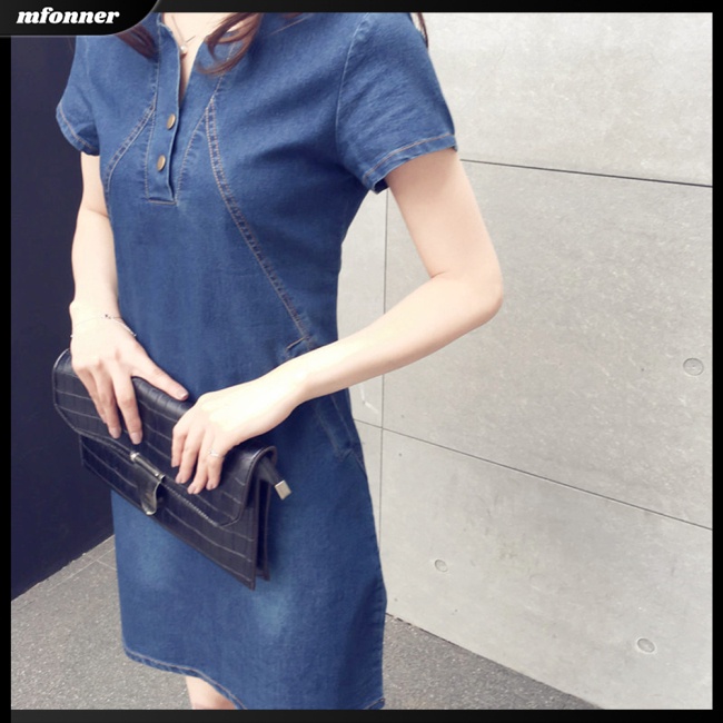 MV Women  Denim  Skirt Button Round Neck Short-sleeved Solid Color Casual Pullover Midi Dress