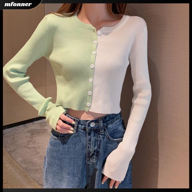 Áo Khoác Cardigan Dệt Kim Tay Dài Cổ Tròn Dáng Ôm Cài Khuy Màu Sắc Tương Phản Cho Nữ