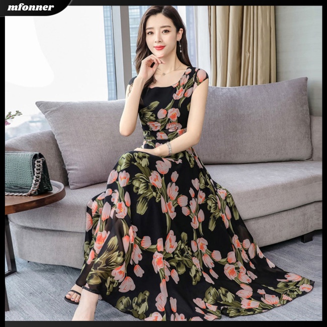 Đầm Dài Tay Ngắn In Hoa Thời Trang Mùa Hè Cho Nữ