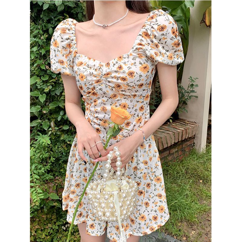 Đầm Ngắn Trễ Vai Tay Phồng In Họa Tiết Hoa Thời Trang Mùa Hè Dành Cho Nữ