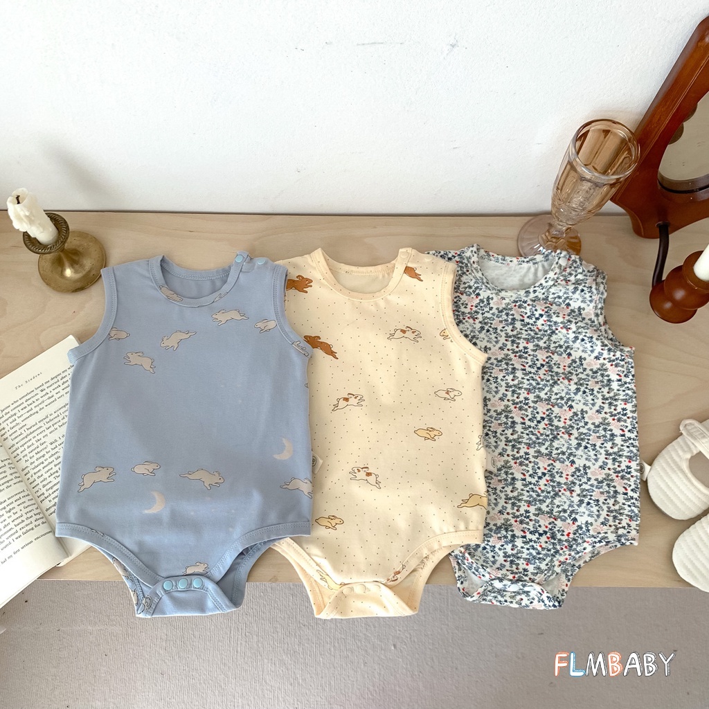 Áo Liền Quần Không Tay In Hình Thỏ Và Hoa Xinh Xắn Dành Cho Bé 0-2 Tuổi