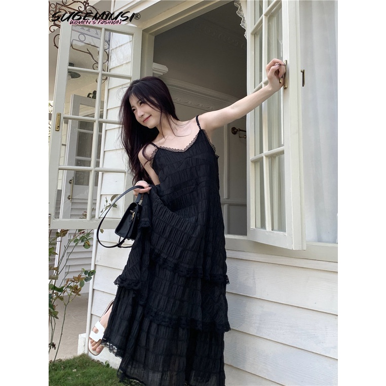 Sugemiusi Đầm Tầng Hai Dây Phối Ren Dáng Ôm Dài Vừa Vặn Cho Nữ