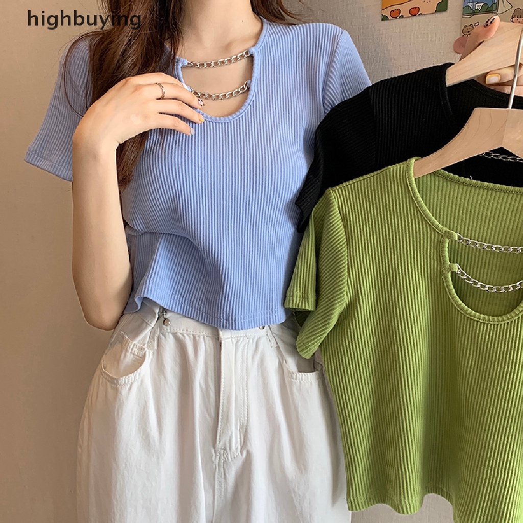 Áo Thun Tay Ngắn Màu Trơn Phối Dây Xích Thời Trang Mùa Hè Cho Nữ