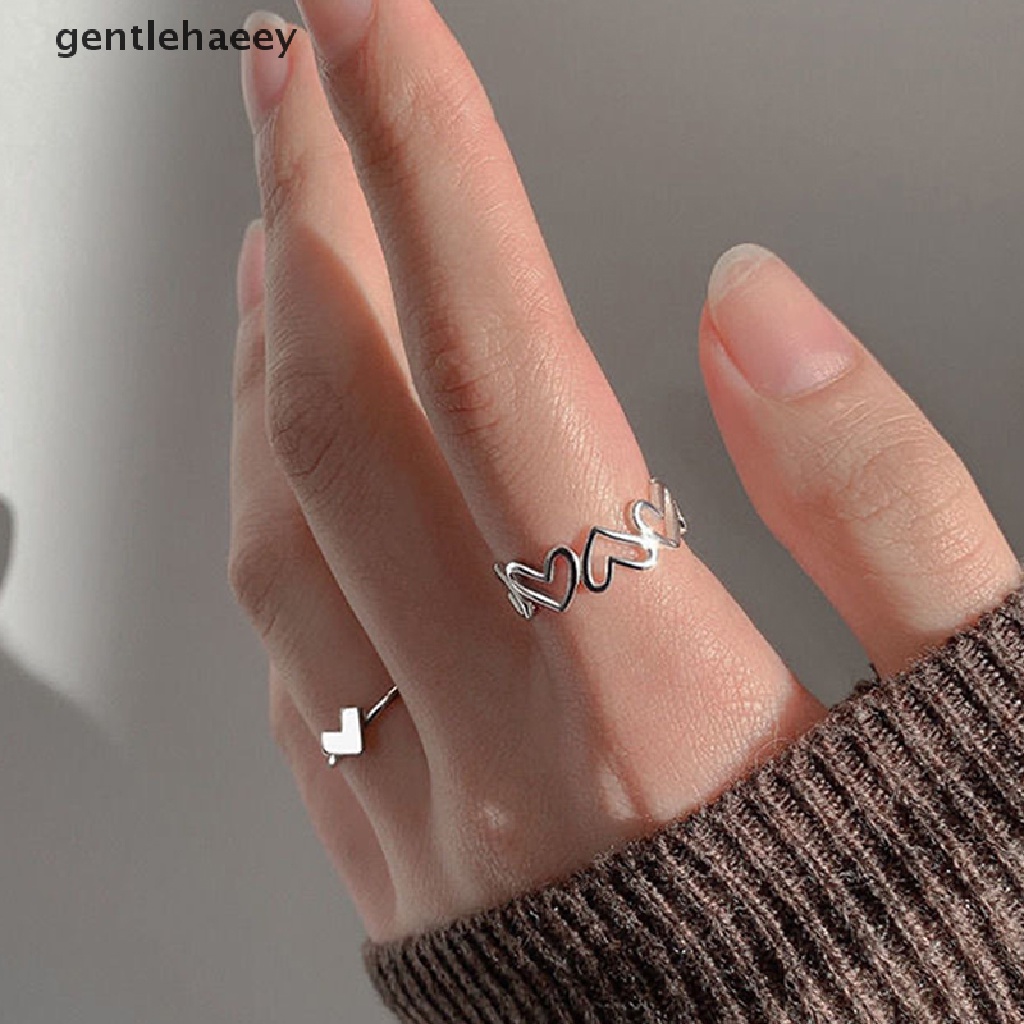 1 Bộ Nhẫn Hở Hình Trái Tim Màu Bạc Thời Trang Đơn Giản Có Thể Điều Chỉnh Cho Nữ