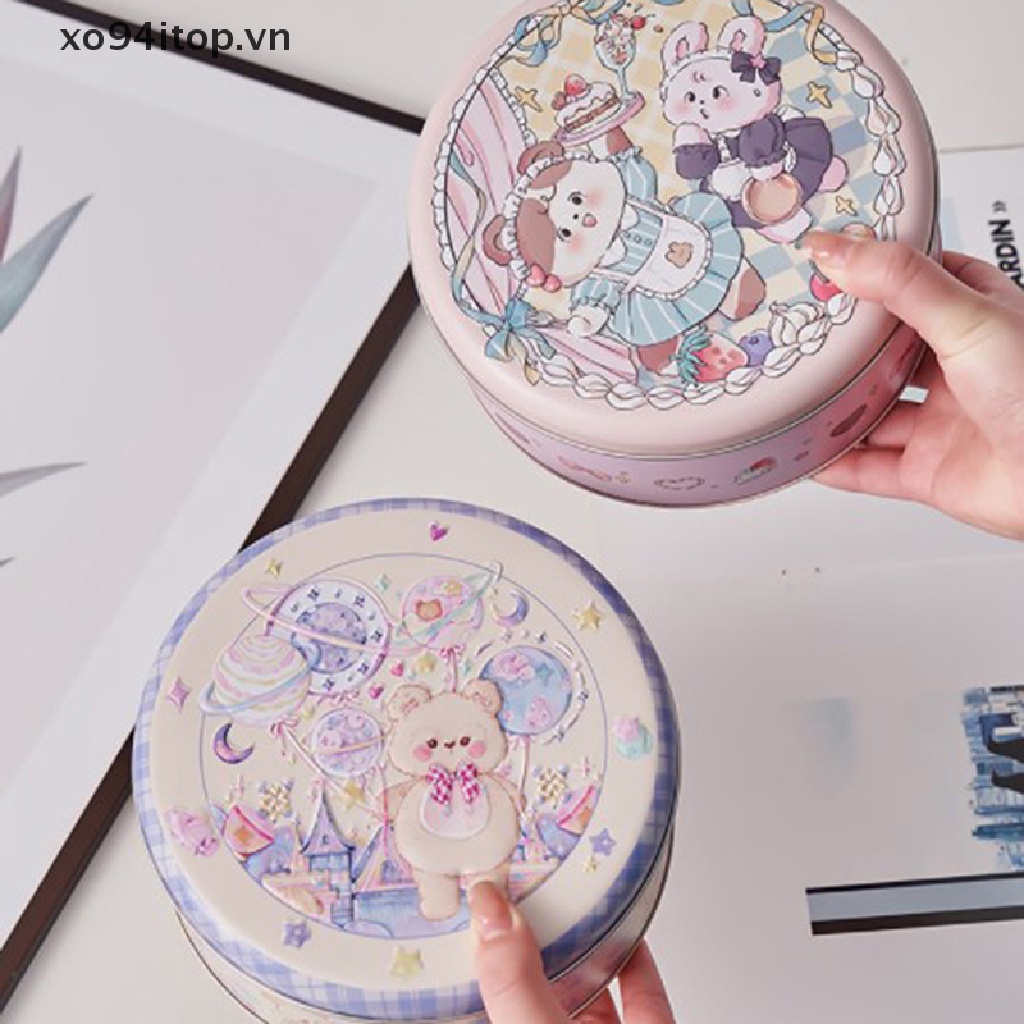 Hộp Thiếc Đựng Bánh Quy / Món Tráng Miệng Hình Tròn Cỡ Lớn In Họa Tiết Gấu / Thỏ Dễ Thương Tiện Dụng