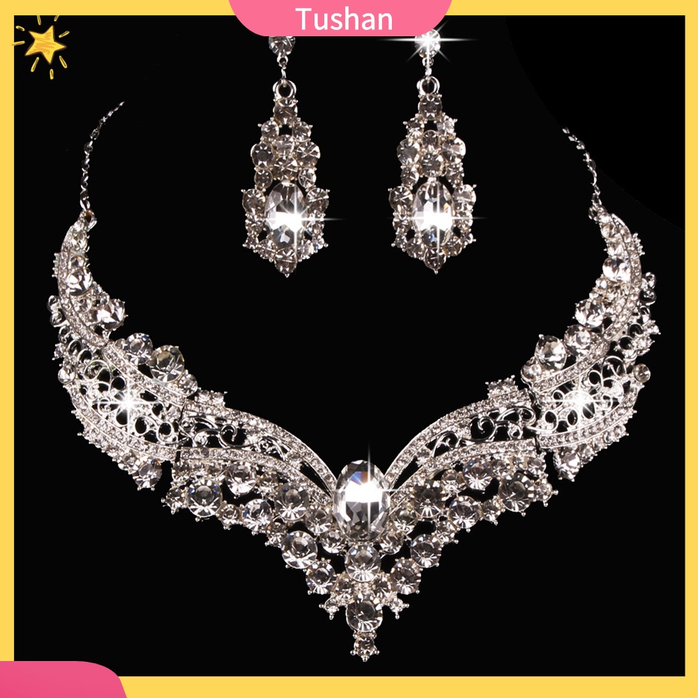 Bộ Vòng cổ + Bông Tai Đính Kim Cương Giả Lấp Lánh Cho Nữ