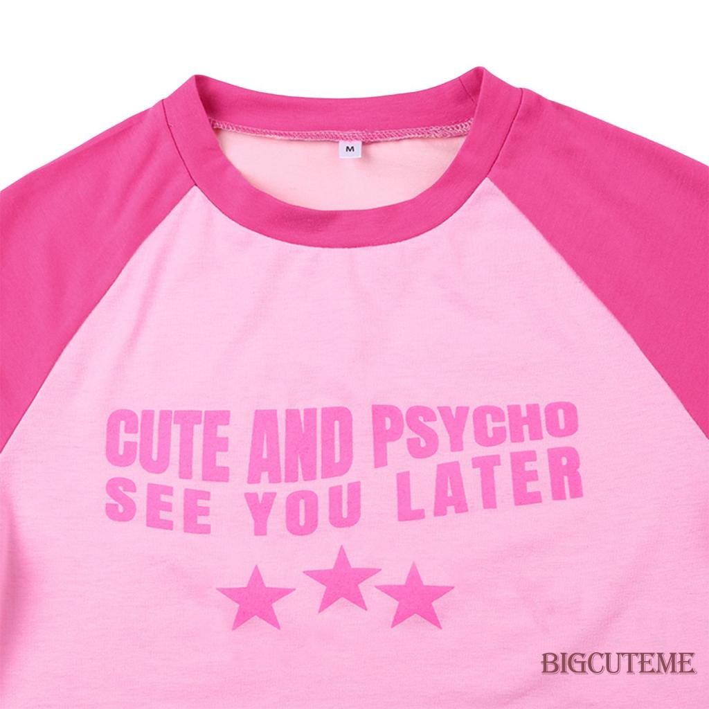 [] Áo Thun Crop Top Tay Ngắn Cổ Tròn In Chữ Và Ngôi Sao Màu Sắc Tương Phản Ôm Dáng Vừa Vặn Cho Nữ