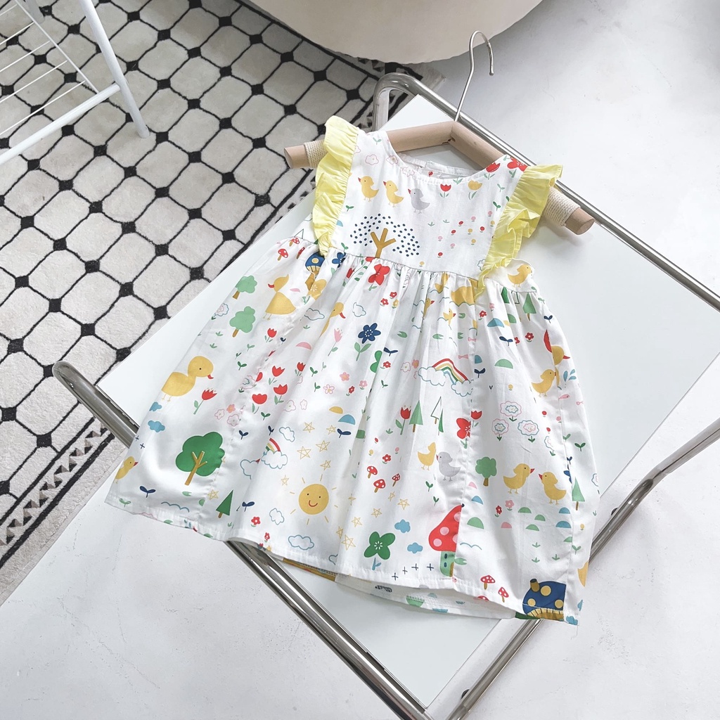 Váy bé gái sát nách phối bèo hoạ tiết dâu, kì lân, vịt vàng