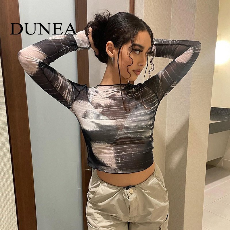 Áo thun DUNEA dài tay in họa tiết với thiết kế phối lưới gợi cảm dành cho nữ