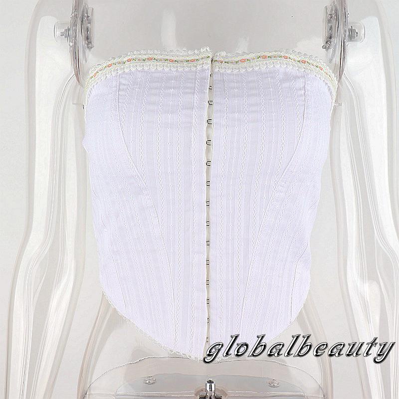 Gb-áo Nịt Ngực Một Hàng Nút Họa Tiết Hoa Màu Trắng Hở Vai Ôm Dáng Size S / M / L