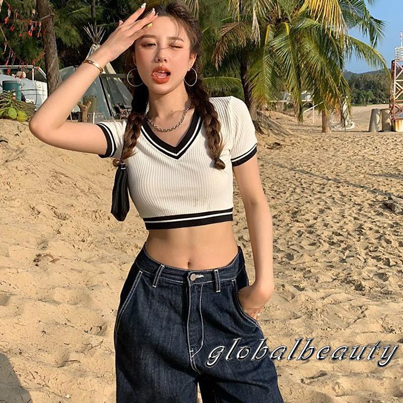 Áo Croptop Dệt Kim Tay Ngắn Cổ Chữ V Màu Sắc Tương Phản Thời Trang Cho Nữ