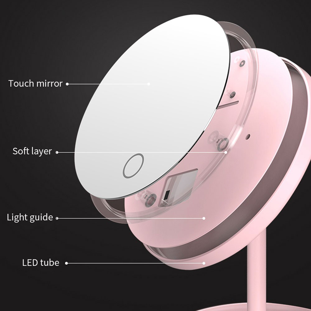 Gương Trang Điểm Gương Soi Để Bàn Có Đèn Led Cảm Ứng 3 Chế Độ Sáng Kèm Sạc Tích Điện, Độ Nét Cao, Có Để Đựng Phụ Kiện