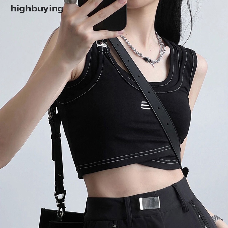 Hbvn Belle Áo Crop Top Giả Hai Lớp Không Tay Dáng Ôm Phong Cách Retro Mỹ Cho Nữ Modish