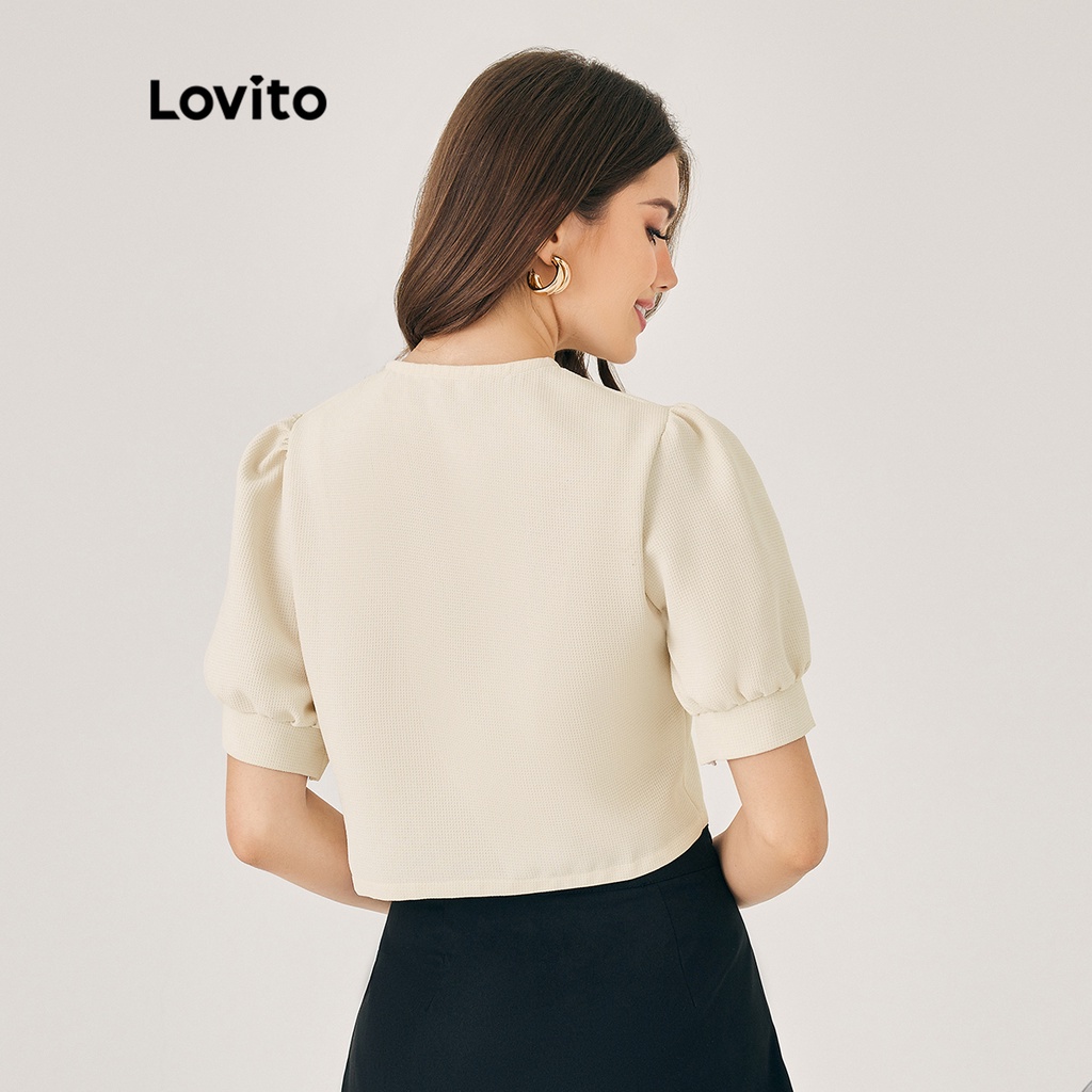 Lovito Casual Trơn Cài Nút Trước Tay Phồng Cổ Tròn Tay Ngắn Nữ L39ED014 (Off White)