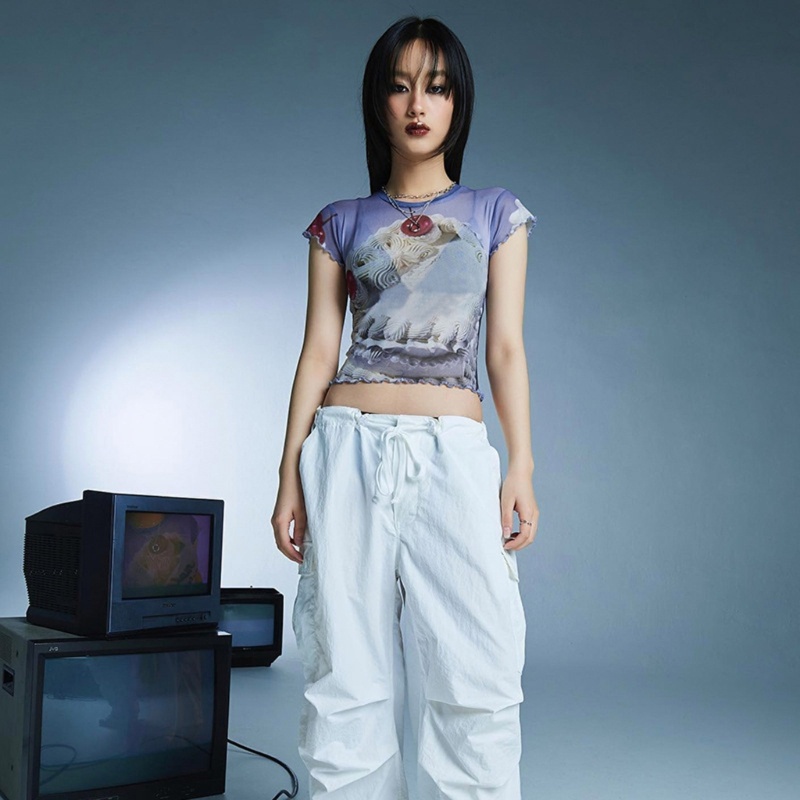 Áo Sơ Mi Tay Ngắn Phối Lưới Xuyên Thấu Phong Cách Hàn Quốc Thời Trang Mùa Hè Cho Nữ Y2k 2023 Cr